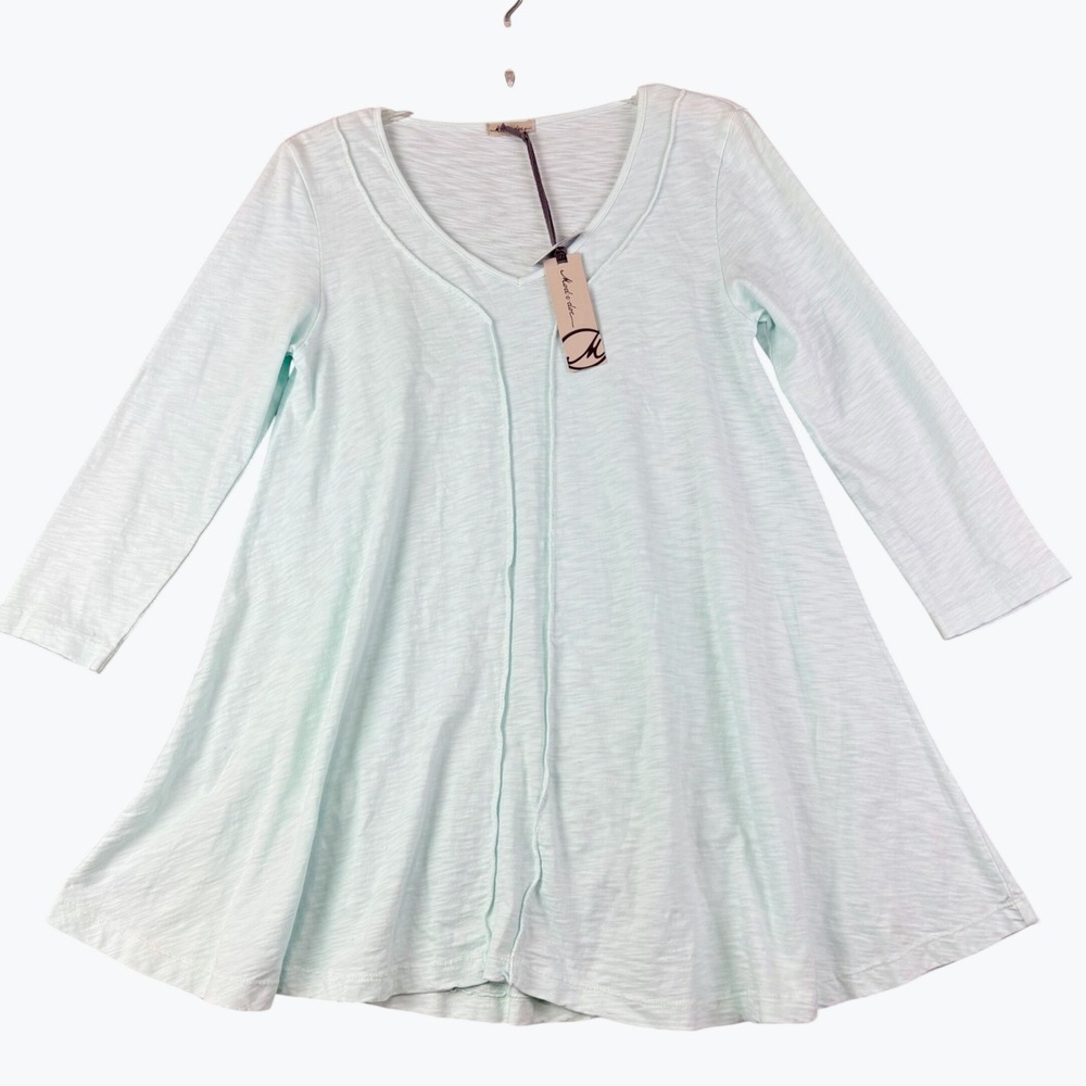 Mod-o-doc S Blue Green V-Neck Tunic Blouse Ruffle Hem Casual Boho Peasant NWT